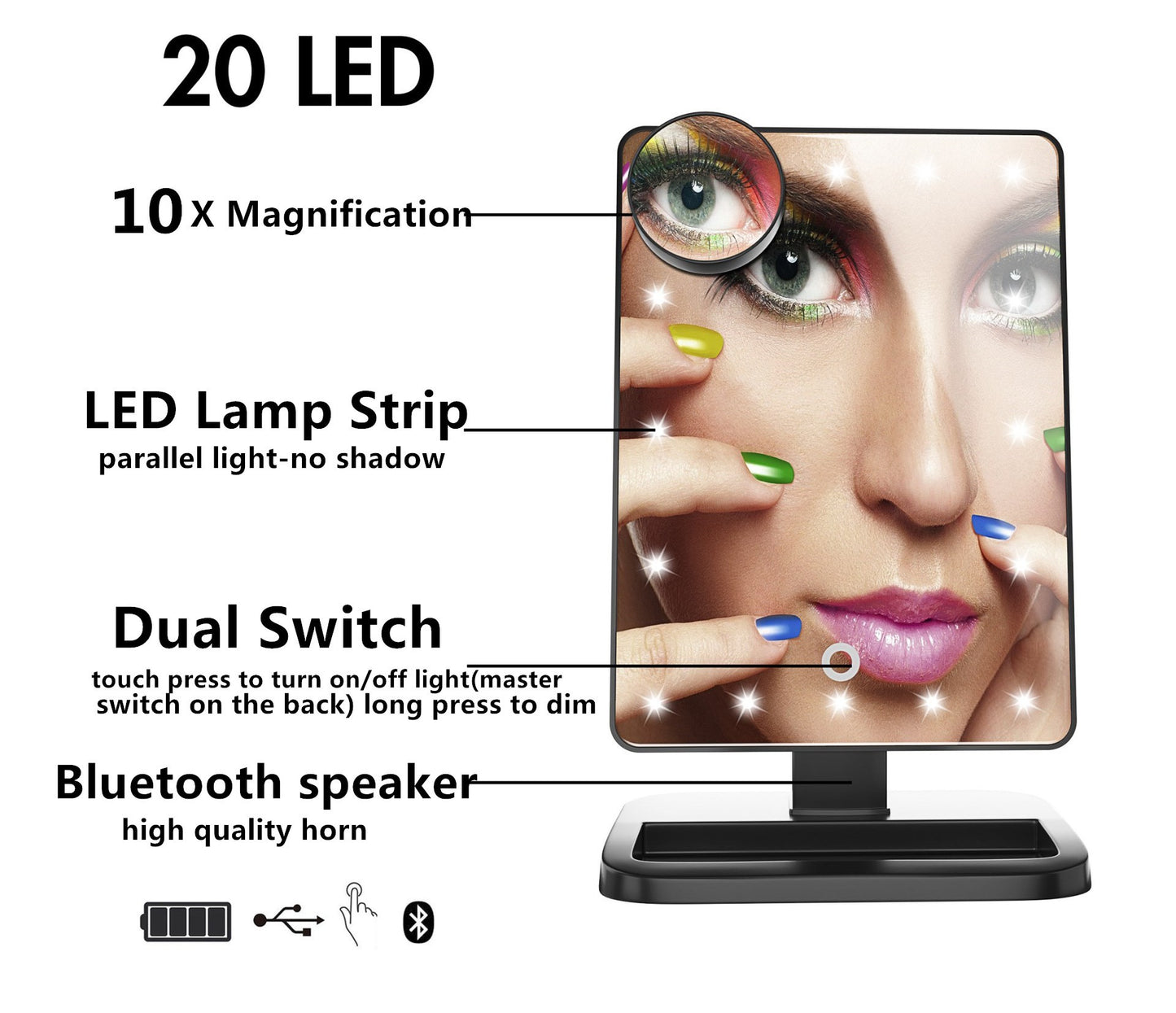 LED Touch Screen Makeup Mirror with Bluetooth Speaker – 20 Lights & 10X Magnification