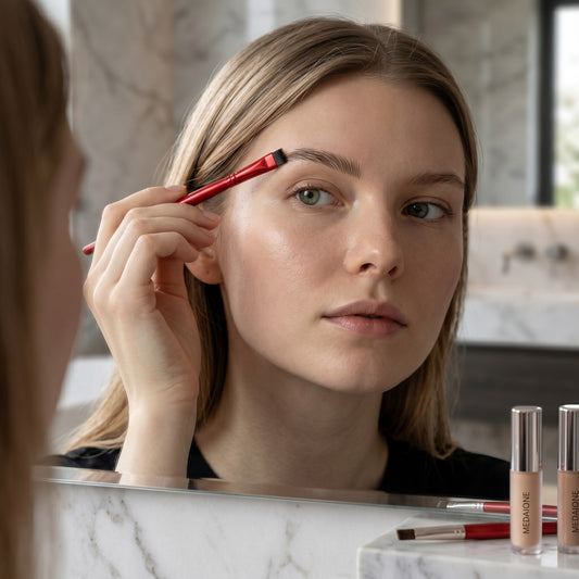 MEDAIONE angled eyebrow brush with soft nylon bristles applying brow paste for a defined look.