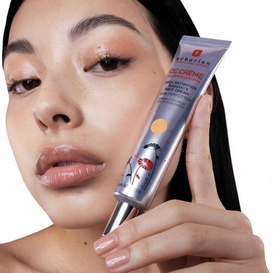 MEDAIONE Erborian CC Creme High Definition Radiance Face Cream Skin Perfector, shade Dore, in a silver tube with floral design.