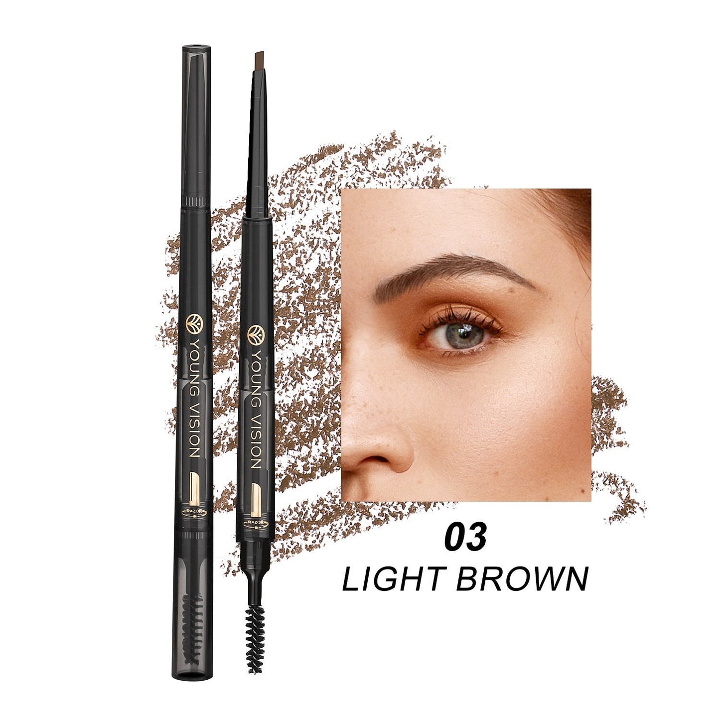 MEDAIONE light brown eyebrow pencil with spoolie brush for precise application and natural hair strokes.