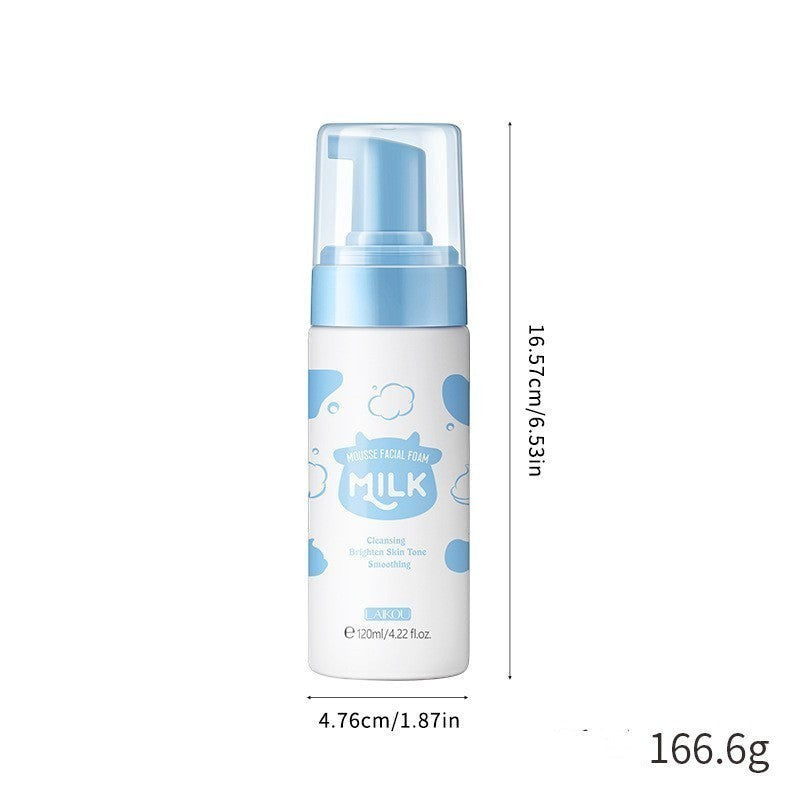 MEDAIONE 120ml milk mousse facial foam cleanser for deep cleaning, brightening skin tone, and smoothing. White bottle with blue cow print and pump dispenser.