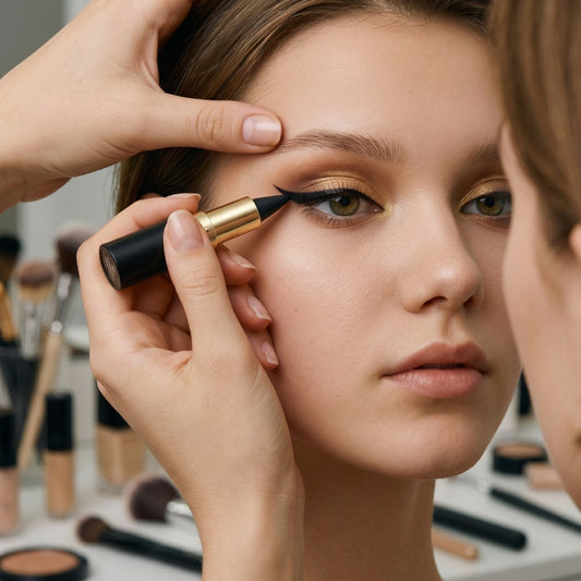 MEDAIONE VelvetLine Liner Pro black creamy waterproof eyeliner pencil with smudger tip being applied to model's eye.