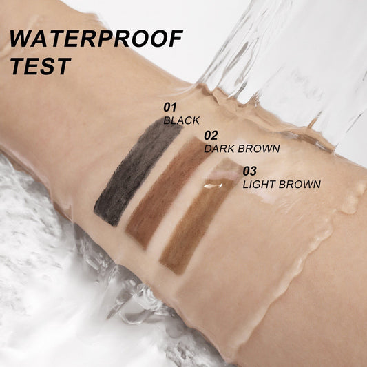 MEDAIONE waterproof eyebrow pencil swatches in black, dark brown, and light brown on skin with water running over them.