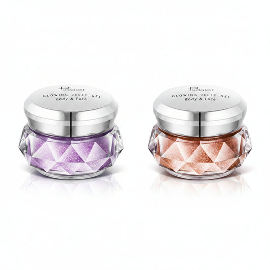 Two jars of 'Glowing Jelly Gel' with glittery makeup effects on faces above them.