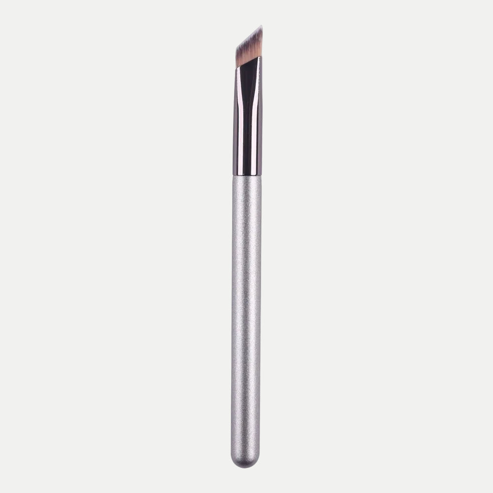 MEDAIONE silver aluminum handle angled eyebrow brush with nylon bristles for makeup application.