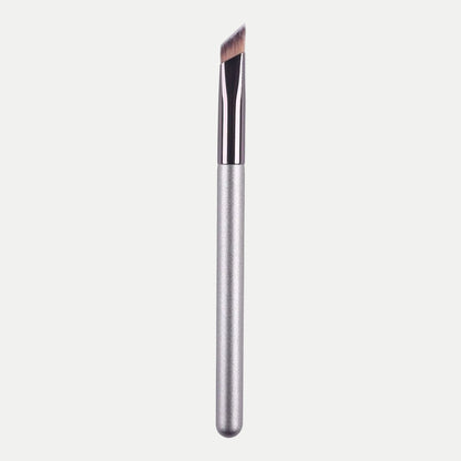 MEDAIONE silver aluminum handle angled eyebrow brush with nylon bristles for makeup application.