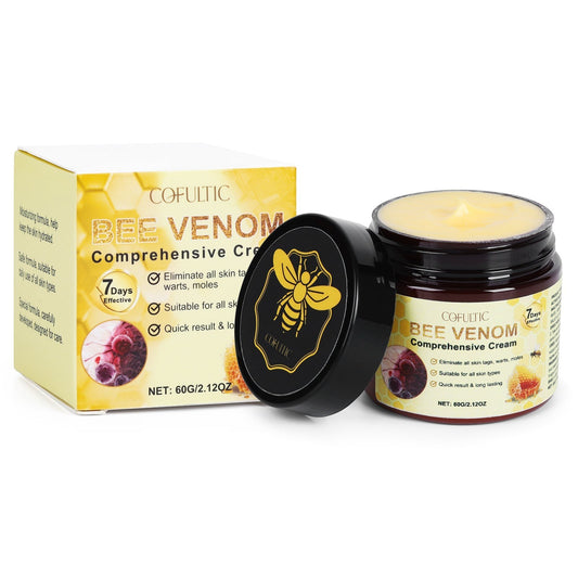 MEDAIONE Cofutic Bee Venom Comprehensive Cream jar and box. Yellow cream in a dark glass jar with a black lid.
