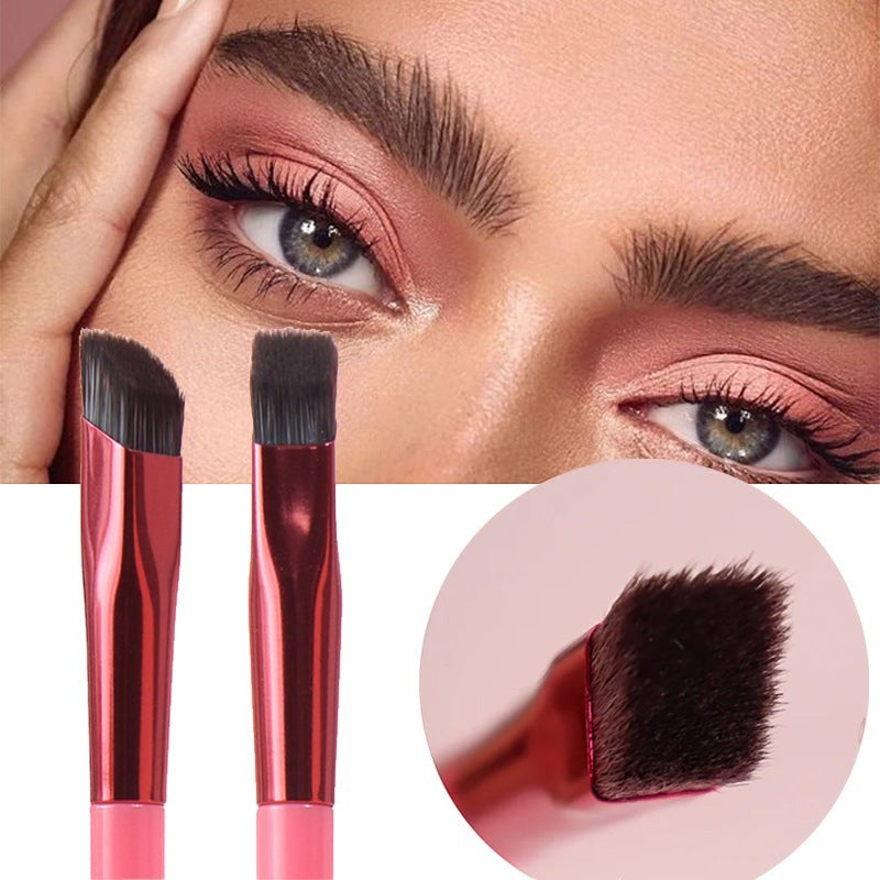 MEDAIONE angled and flat eyebrow brushes with metallic red handles and soft nylon bristles for precise makeup application.