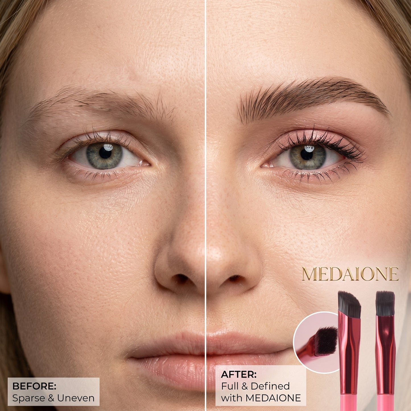 MEDAIONE angled and flat eyebrow brushes with metallic pink handles and dark bristles, perfect for precise brow makeup.