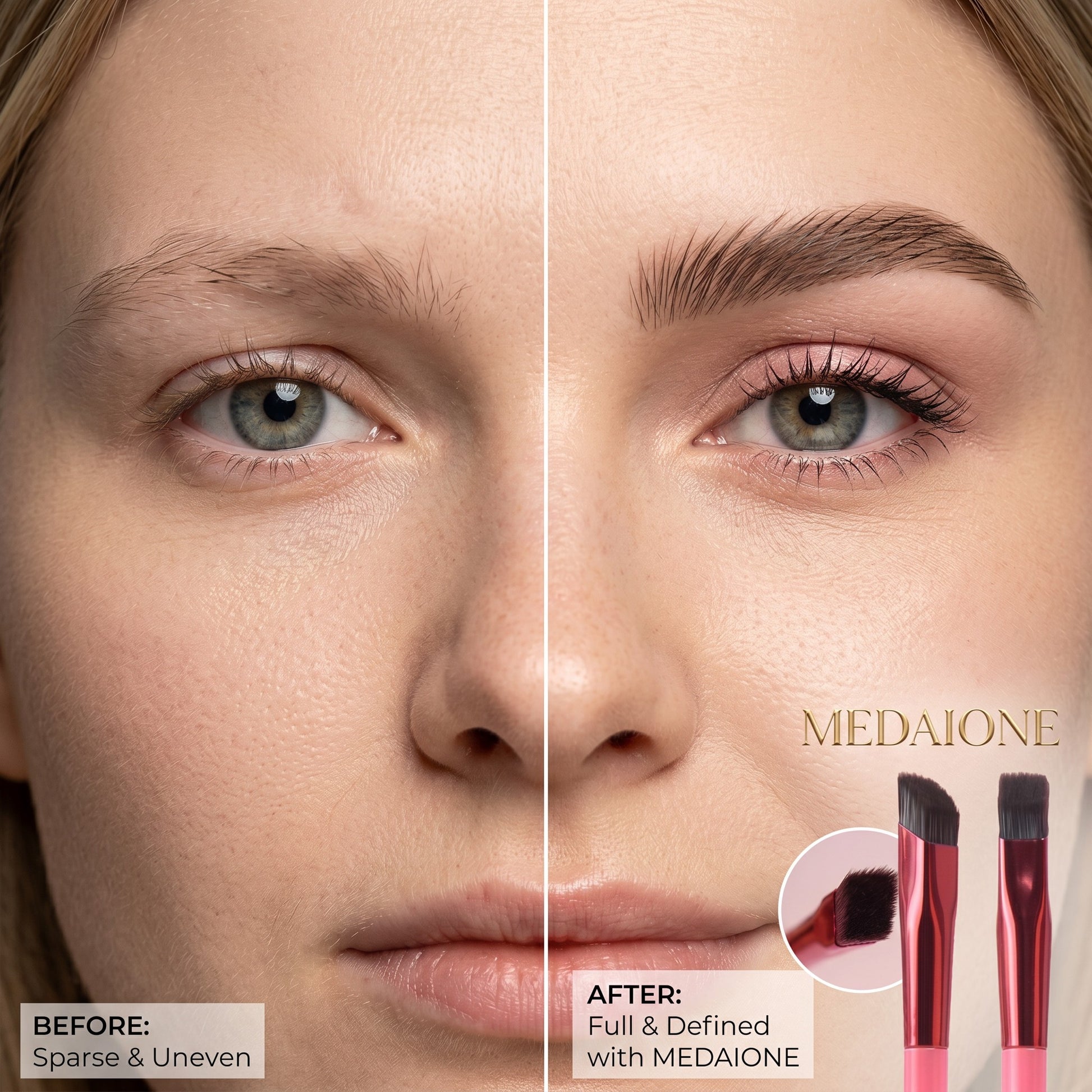 MEDAIONE angled and flat eyebrow brushes with metallic pink handles and dark bristles, perfect for precise brow makeup.