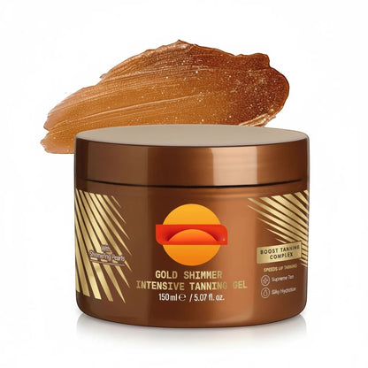 MEDAIONE gold shimmer intensive sun tanning gel in a brown jar with a swatch of bronze cream on top
