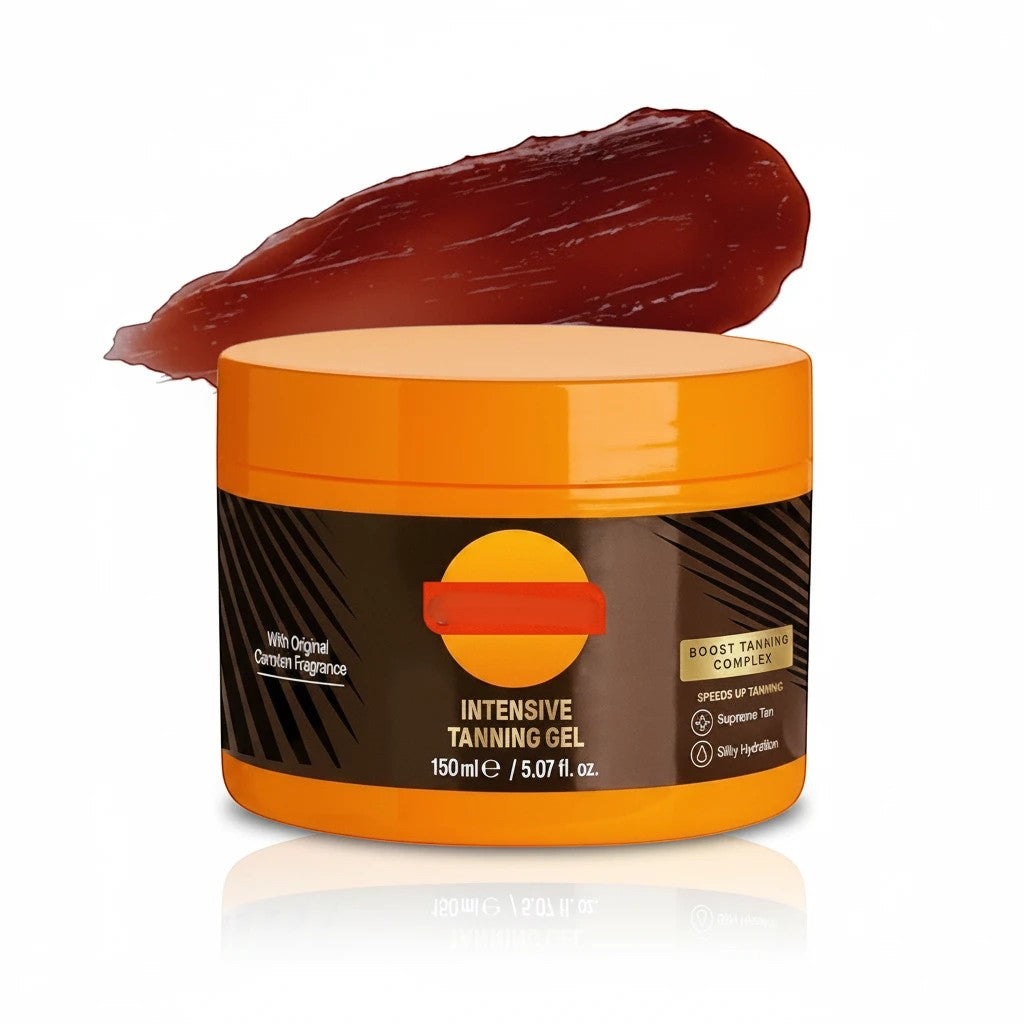 MEDAIONE intensive sun tanning gel in an orange jar with a dark brown cream texture swatch on a white background