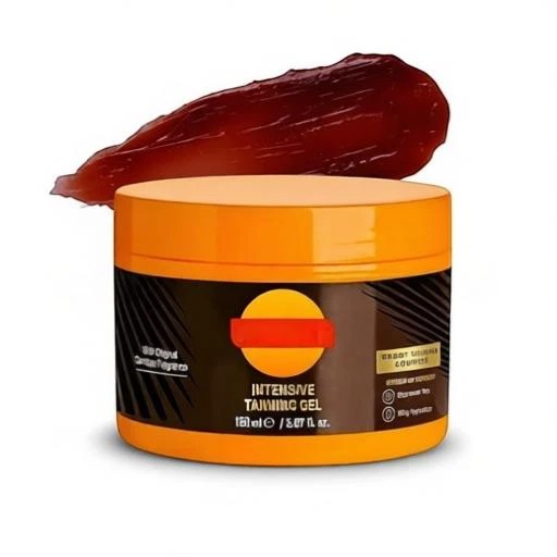 MEDAIONE intensive sun tanning gel in a round orange jar with a smear of dark brown cream behind it