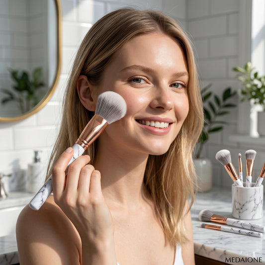 MEDAIONE 11-piece professional makeup brush set with white and black marble handles and rose gold ferrules.