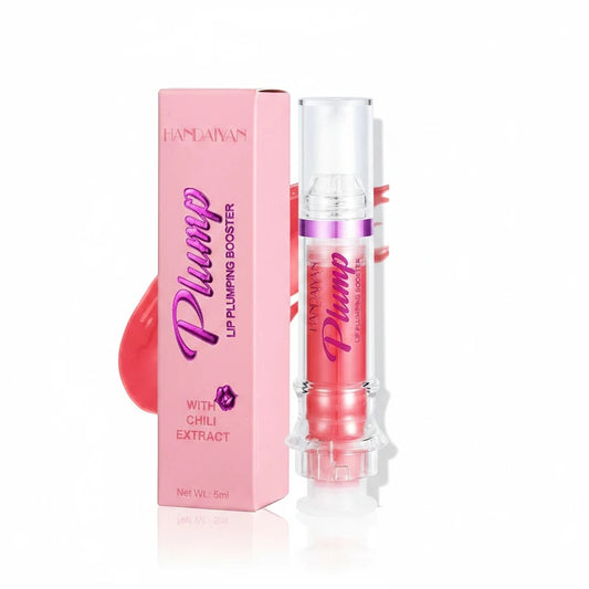MEDAIONE Plump Lip Plumping Booster Serum with chili extract for fuller, hydrated lips. Clear applicator with pink serum.