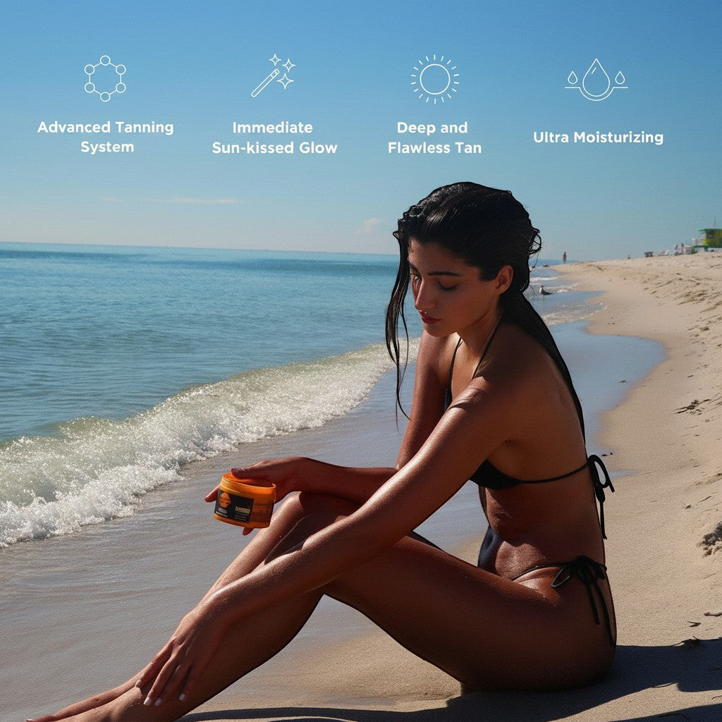 MEDAIONE sun tanning gel in an orange jar held by a woman in a bikini on a sunny beach