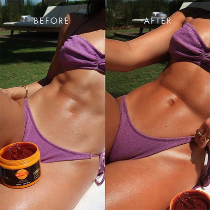 MEDAIONE sun tanning gel showing before and after results on tanned skin while lounging outdoors.