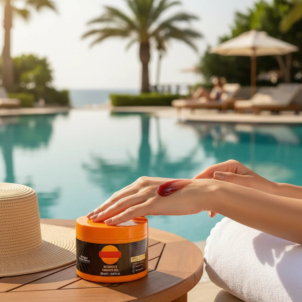 MEDAIONE sun tanning gel cream in an orange jar with a dark lotion sample on a hand by a sunny resort pool