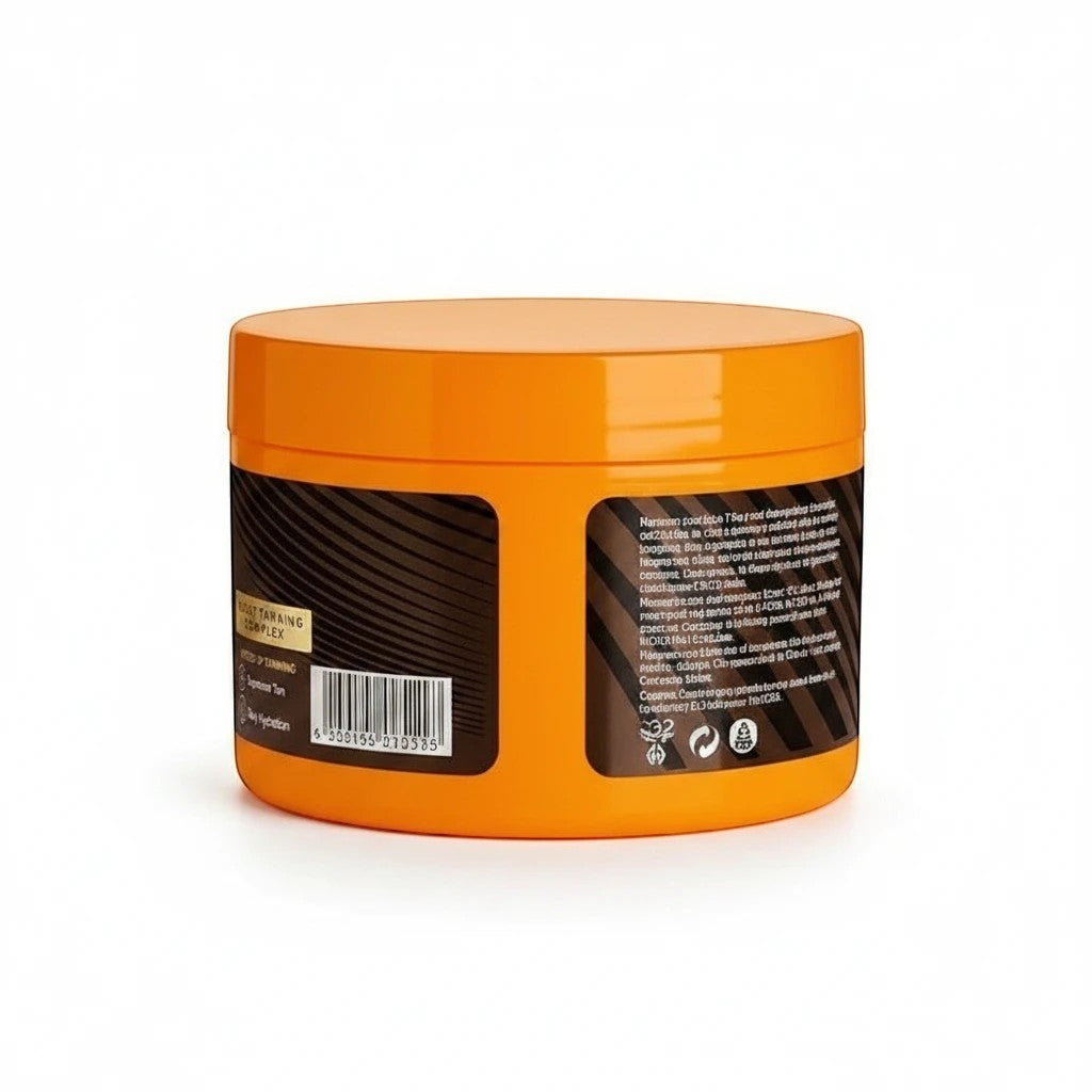 MEDAIONE sun tanning gel in a round black jar with a bright orange lid, showing product label and barcode.