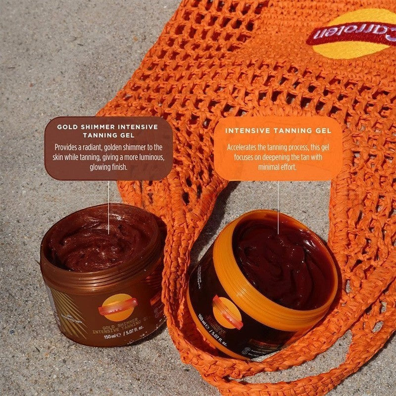 MEDAIONE sun tanning gel jars with gold shimmer and intensive formulas in an orange mesh bag on sand.