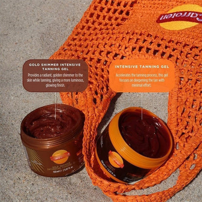 MEDAIONE sun tanning gel jars with gold shimmer and intensive formulas in an orange mesh bag on sand.