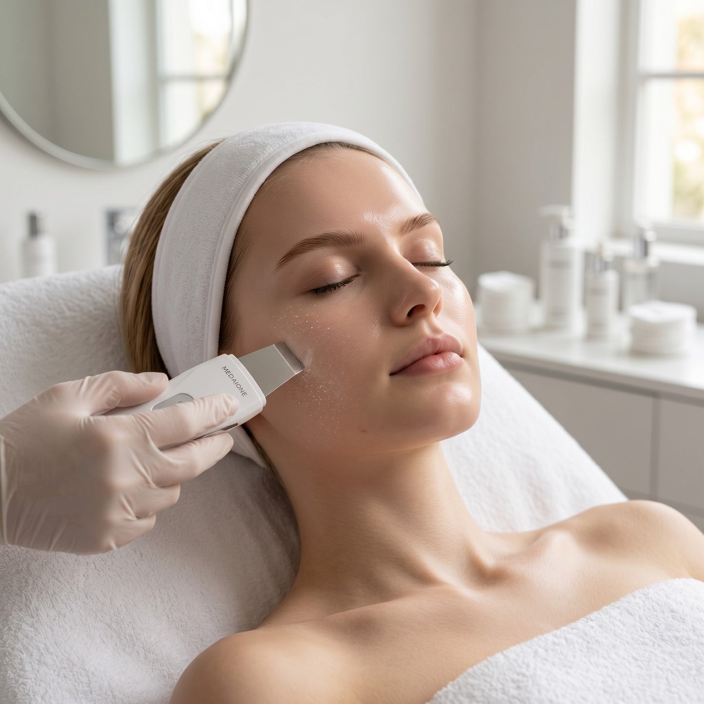 MEDAIONE ultrasonic skin scrubber before and after comparison showing improved skin texture and radiance.