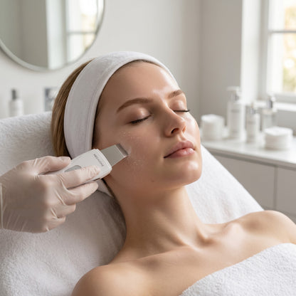 MEDAIONE ultrasonic skin scrubber before and after comparison showing improved skin texture and radiance.