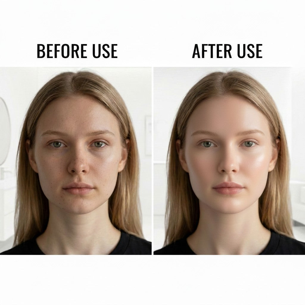 MEDAIONE ultrasonic skin scrubber before and after comparison. Left shows skin with blemishes, right shows clear, glowing skin.