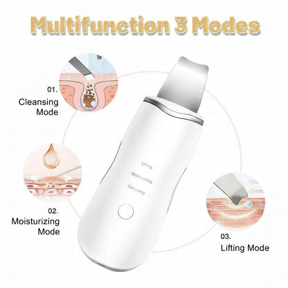 MEDAIONE white ultrasonic skin scrubber with 3 modes: cleansing, moisturizing, and lifting. Removes blackheads and acne.
