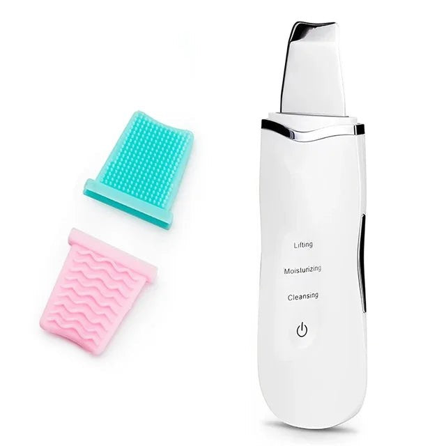 MEDAIONE white ultrasonic skin scrubber with lifting, moisturizing, and cleansing modes. Includes pink and teal silicone brush heads.